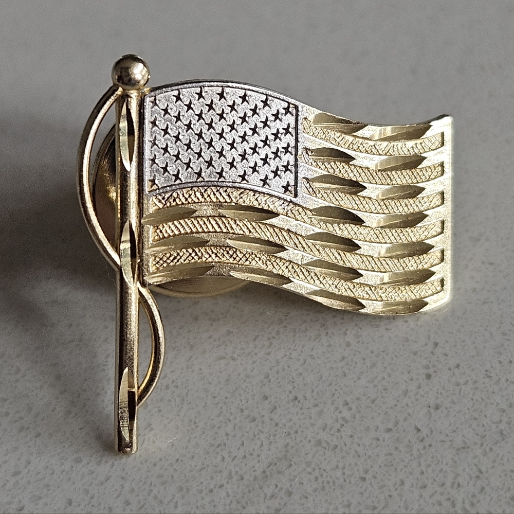 Michael Anthony Solid 14k White Yellow Gold God Bless America Flag Lapel Tie Pin